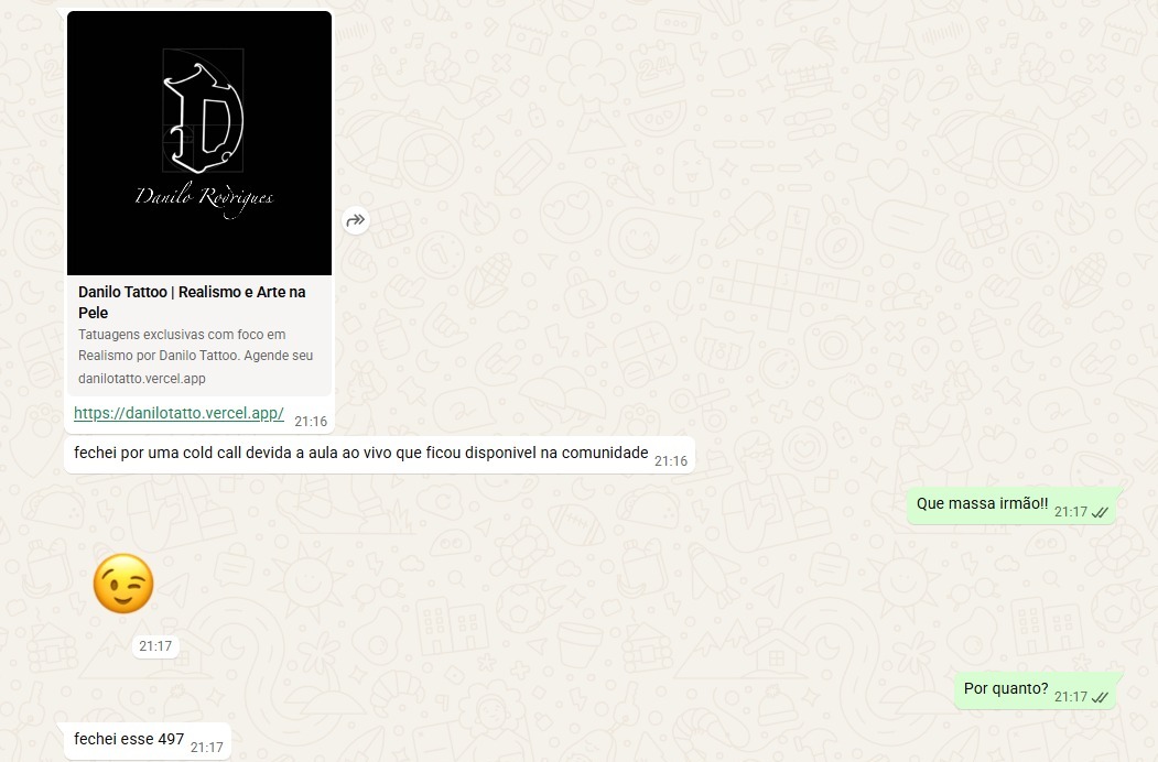 Aluno fechou cliente de tattoo por cold call usando a aula ao vivo, vendendo por R$497